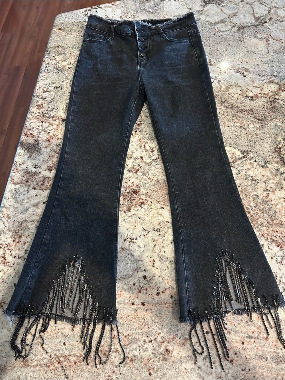 Women’s Blue B Brand Black Beaded Fringe Flare Jeans
